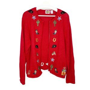 Vintage ROD'S Red Cardigan Full Zip Sweater Western Appliques L